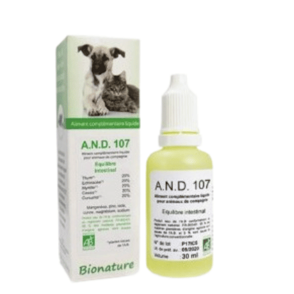 A.N.D. 107 es un extracto biológico intestinal, para regularizar y equilibrar la flora intestinal de perros y gatos con diarrea
