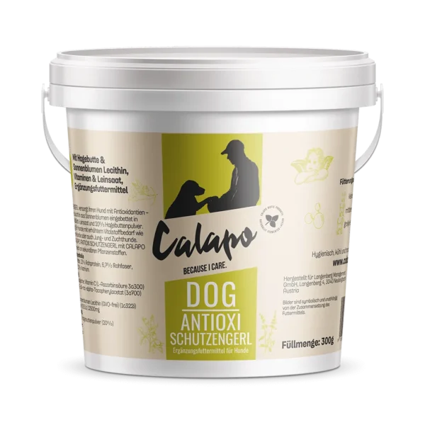 Antioxidante Calapo para perros, antioxidantes como la vitamina E  y la vitamina C con  polvo de rosa mosqueta , semillas de lino ricas en Omega 3