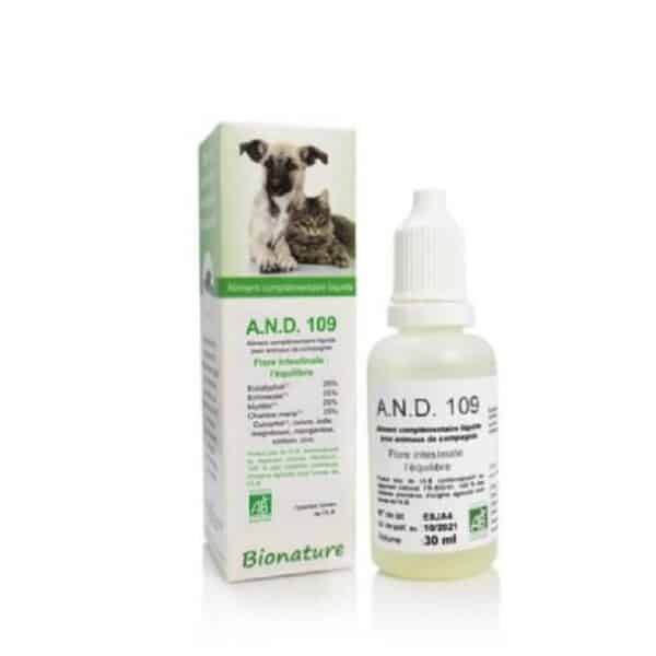 A.N.D. 109 Intestinal es un extracto biológico para ayuda a restaurar la flora intestinal y mineralizar en perros y gatos