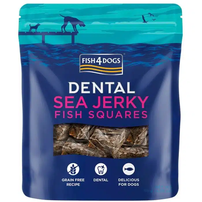 Dental de pescado Sea Jerky Fish4Dogs hechos de piel de pescado, con una textura áspera, ayuda a eliminar el sarro de los dientes del perro