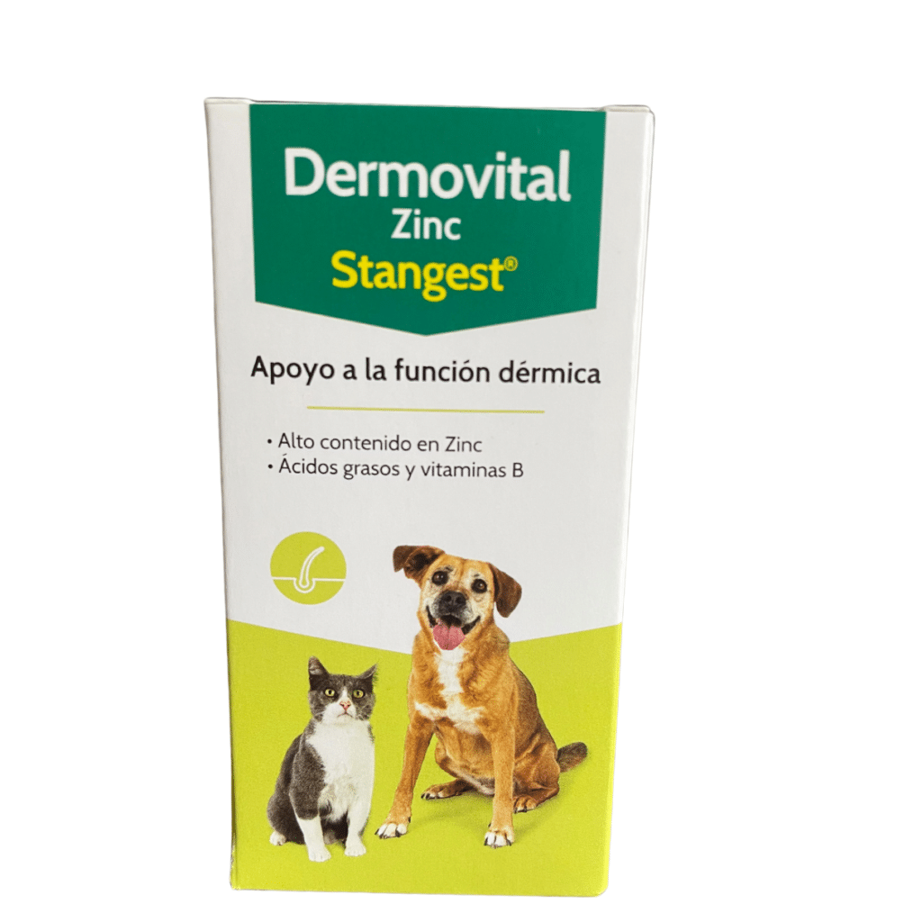 Dermovital Zinc cuida de la salud dérmica de perros y gatos Su alto contenido en Zinc apoya la división celular y promueve la regeneración dérmica.