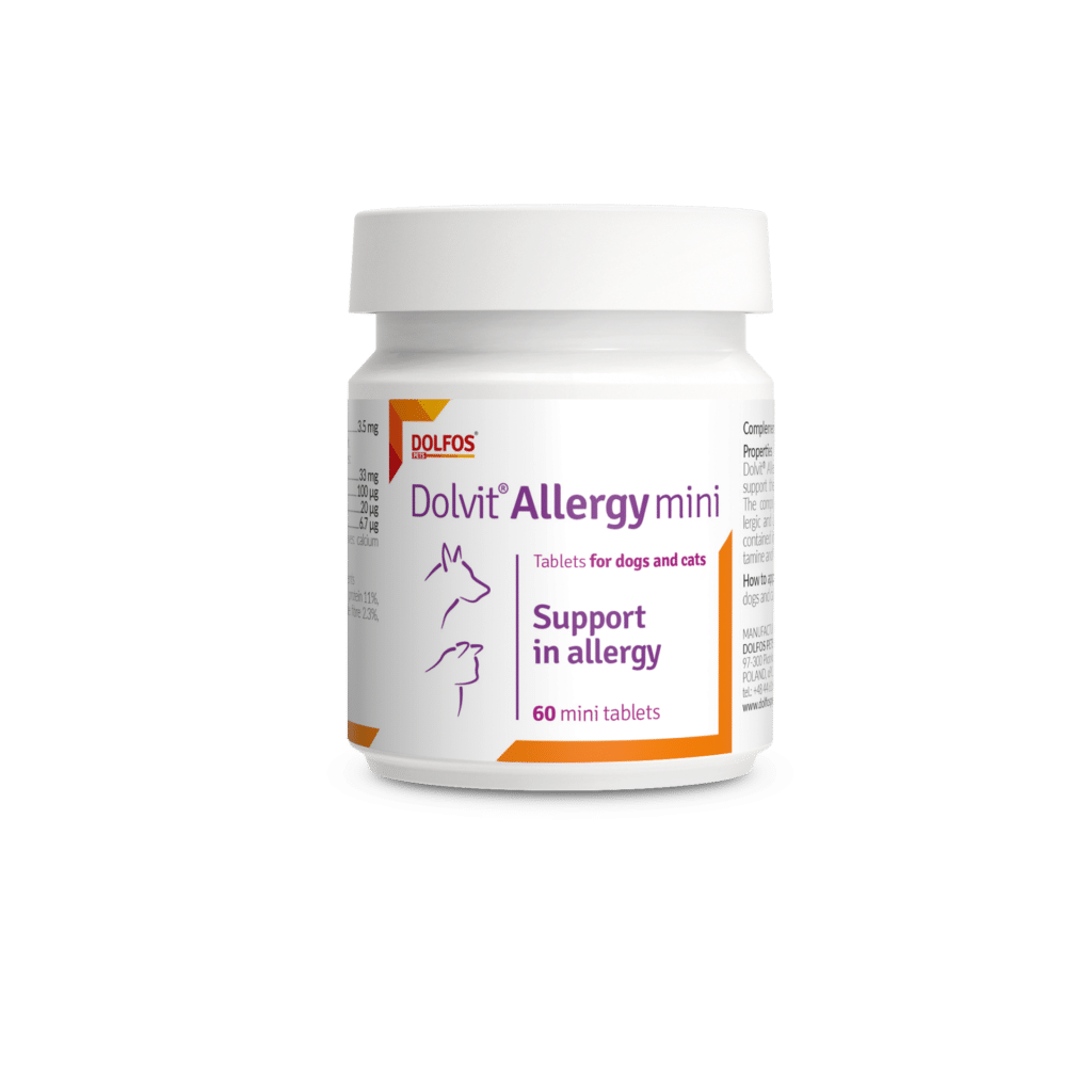 Antihistamínico Dolvit Allergy mini para perros y gatos ayuda a combatir alergias de diferente origen. Antialérgico y antiinflamatorio natural