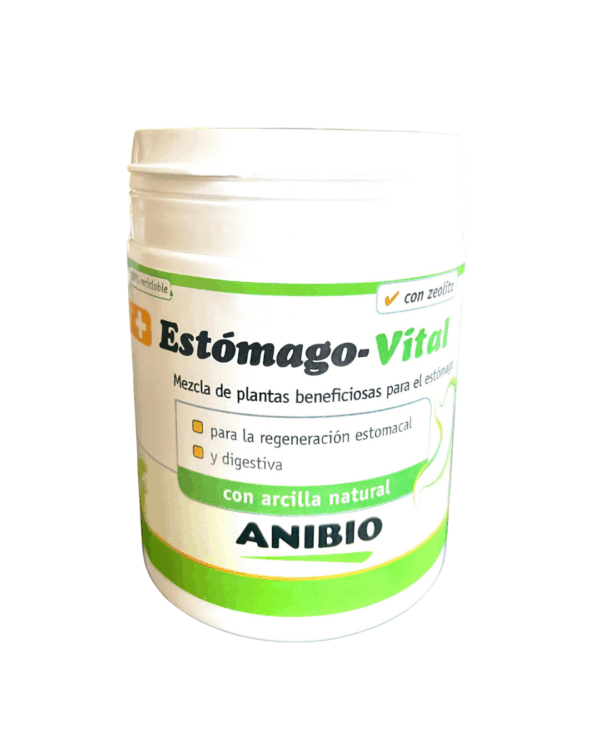 Estómago Vital  de Anibio contiene plantas medicinales y arcillas naturales, para apoyar la salud del estómago y la mucosa gástrica de perros y gatos.