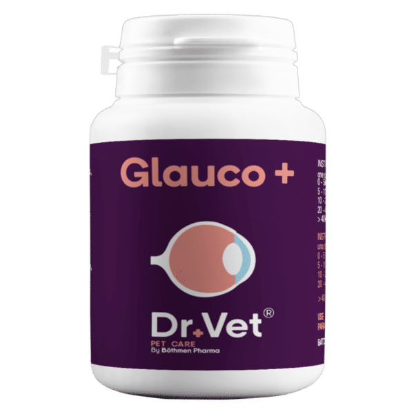 Glauco + nutrientes al nervio óptico y retina, para prevenir su degeneración, muy relevante en casos de glaucoma en peros y gatos