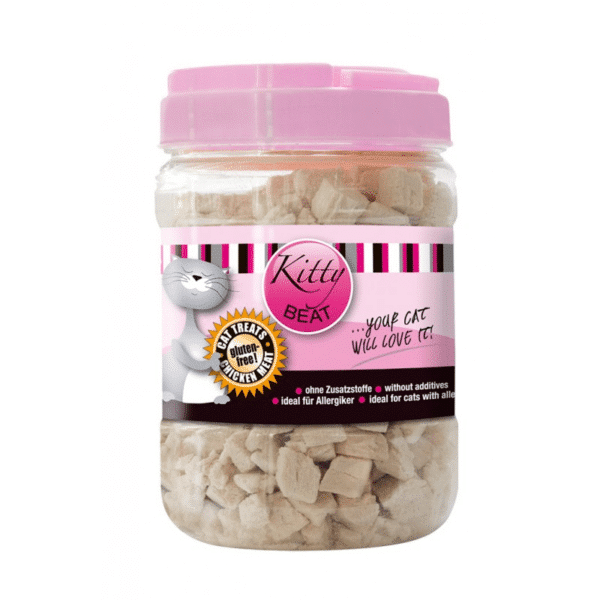 Los premios naturales para gatos Kitty Beat en forma de daditos, están elaborados con pechuga de pollo en un 96%, además de patata y extracto de romero.