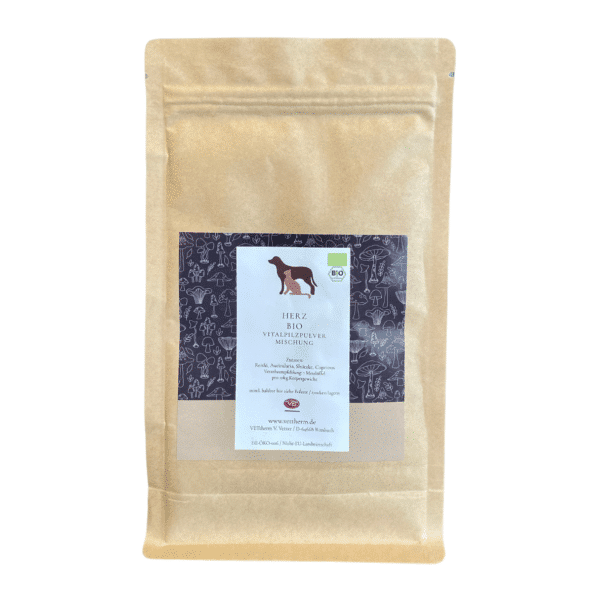 Herz Bio is a powdered mushroom mix for the heart of dogs and cats, composed of reishi, auricularia, shiitake, coprinus.