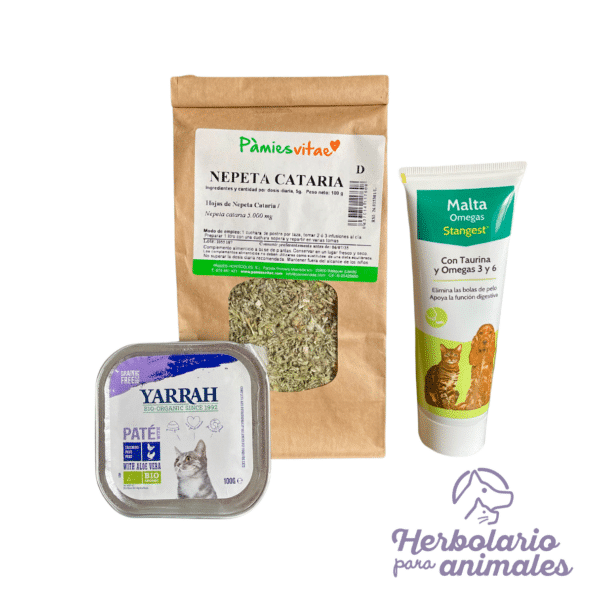 Pack regalo de productos naturales para gatos: hierba gatera, malta con Omega 6 y una tarrina de comida húmeda bio-organic Yarrah.