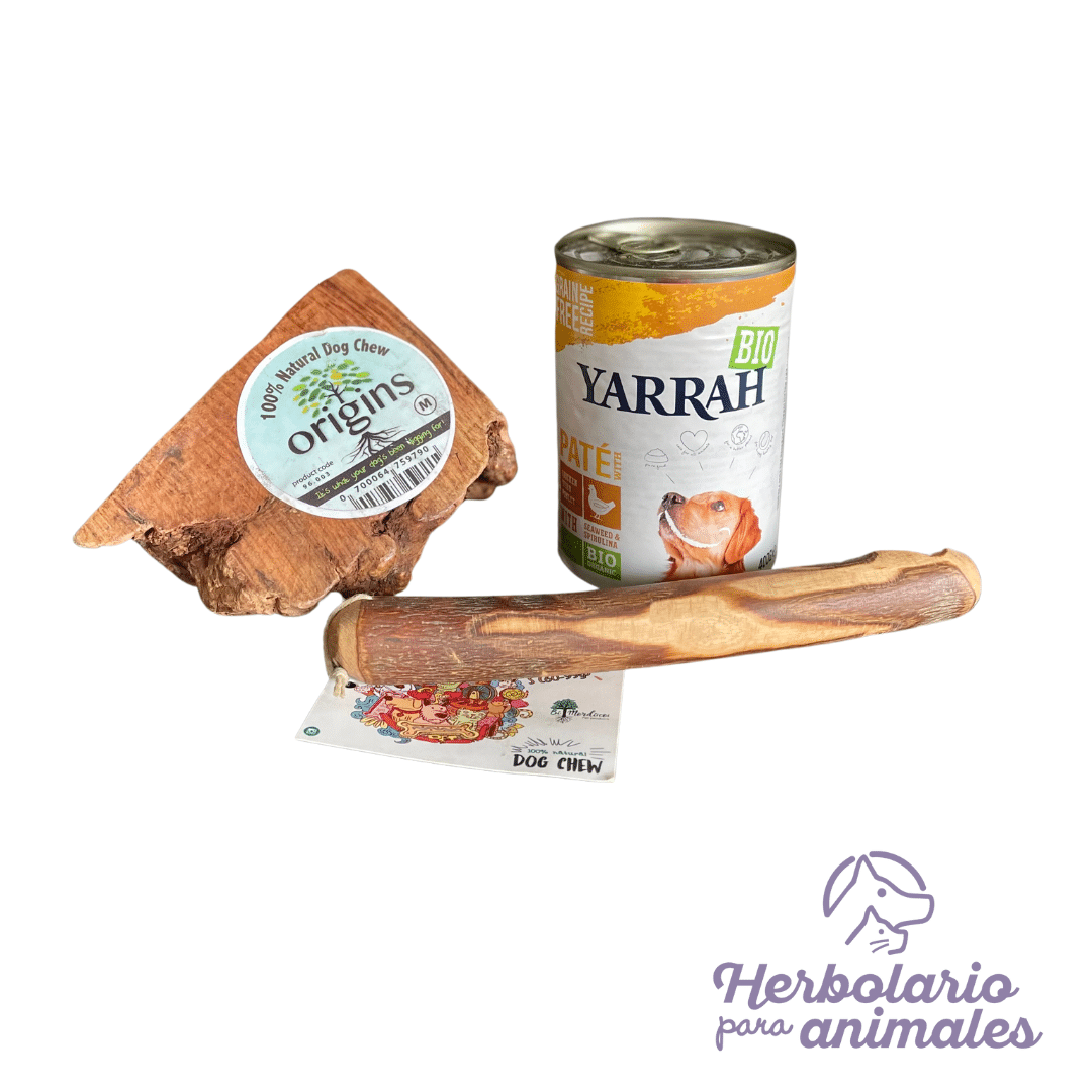 Pack regalo de productos naturales para perros: snack de madera de olivo, raíz de olivo y una lata de comida húmeda ecológica.