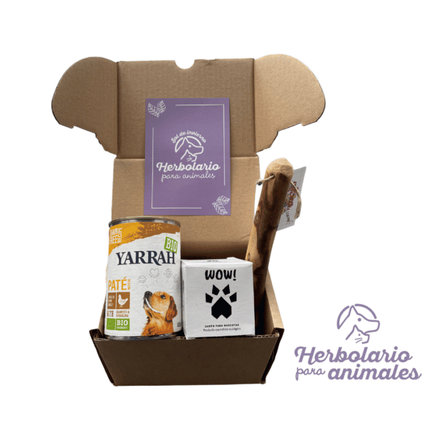 Pack regalo de productos naturales para perros: snack de madera de olivo, champú sólido ecológico y gratis una lata de comida natural.