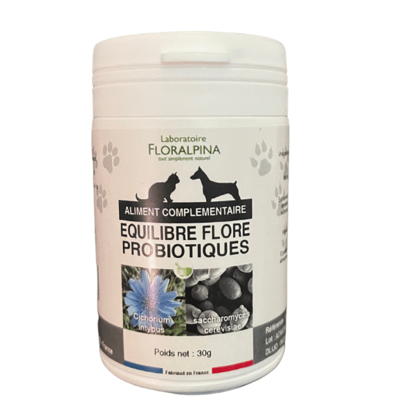 Probióticos en polvo de floralpina, es un suplemento nutricional en polvo que equilibra la flora intestinal en perros y gatos.