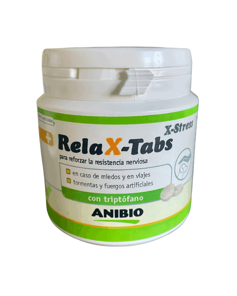 RelaX‑Tabs para perros con l‑triptófano , valeriana, lúpulo y melisa, para ayudar a calmar en viajes, fuegos artificiales, cambios de entorno  
