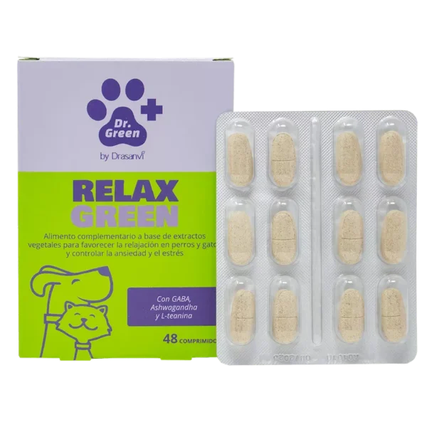Relax Green favorece la relajación en perros y gatos y controla la ansiedad y el estrés sin producir sedación con plantas, aminoácidos y vitaminas