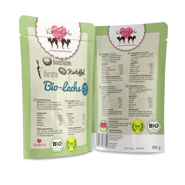 Salmón con patatas BIO en sobres de comida húmeda con certificación BIO para gatos KatzenLiebe de la marca alemana HerzensHund