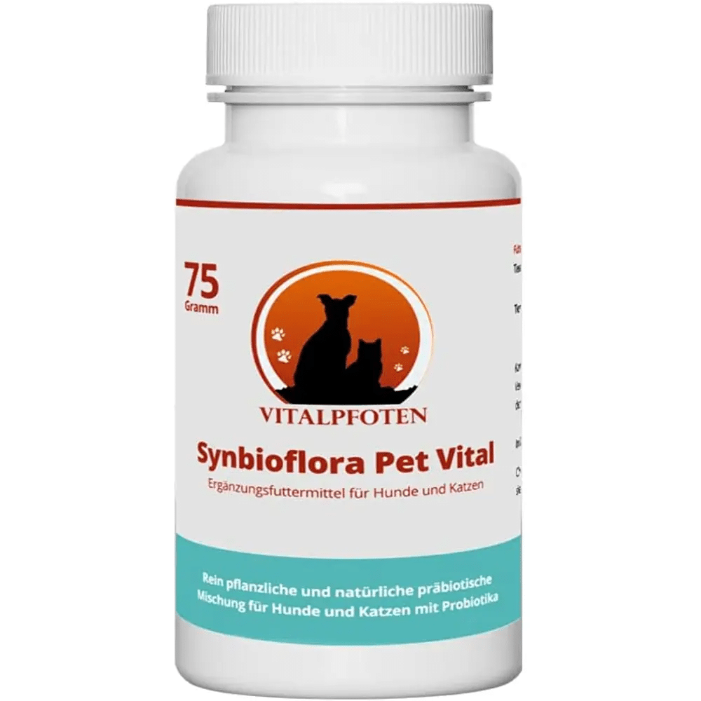 Synbioflora Pet Vital probiótico y prebiótico en polvo para perros y gatos.Con al menos 2 mil millones de unidades formadoras de colonias activas por gramo.