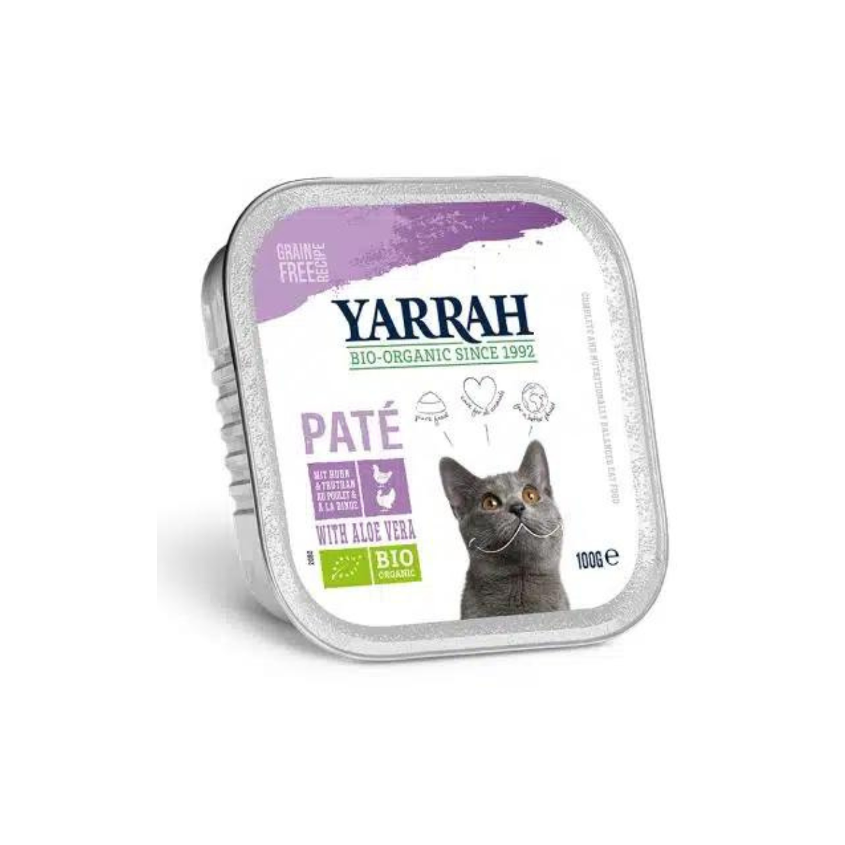 Patê Yarrah para gatos BIO peru, frango com aloe vera. Da pecuária ecológica. Não contém grãos, por isso previne alergias e promove a digestão.