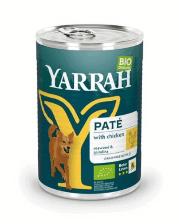 Paté de pollo Yarrah para perros 400g de ganadería ecológica. No contiene cereales, por lo que evita alergias y favorece la digestión.