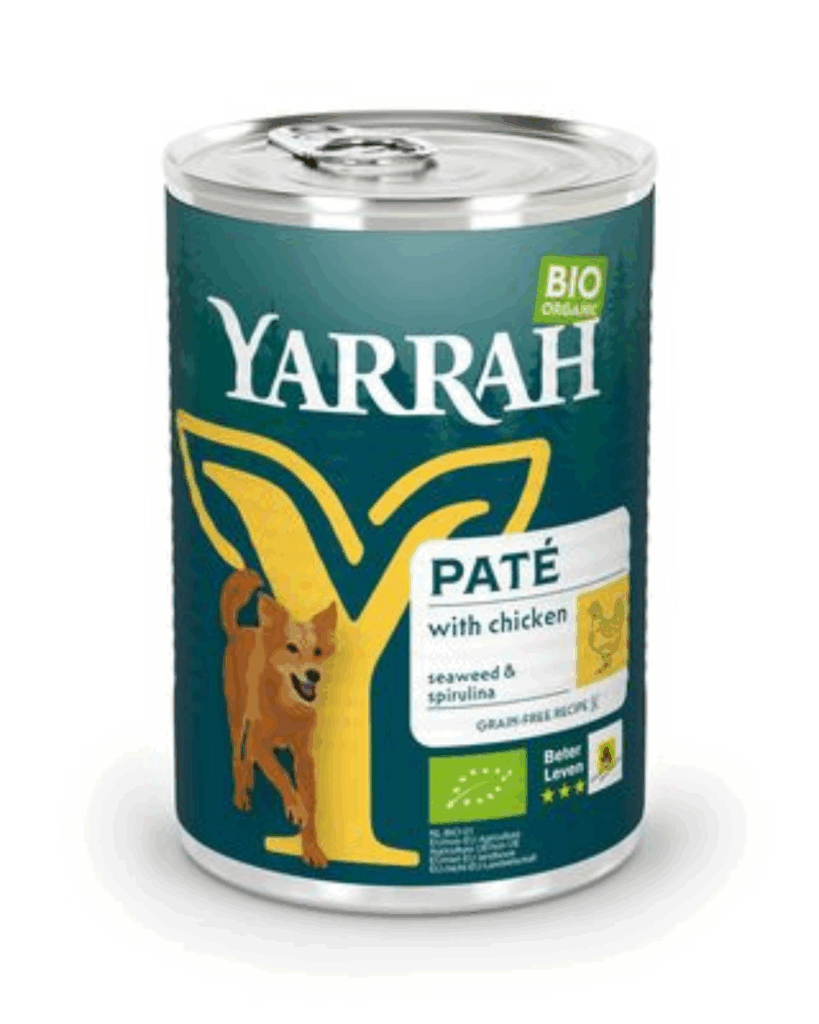 Paté de pollo Yarrah para perros 400g de ganadería ecológica. No contiene cereales, por lo que evita alergias y favorece la digestión.